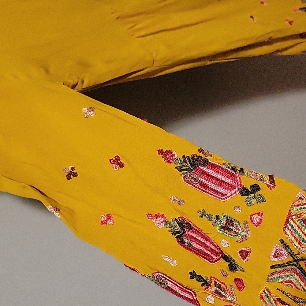 Anthropologie Mustard Yellow Embroidered Border Long-Sleeve Dress - Picture 7 of 11